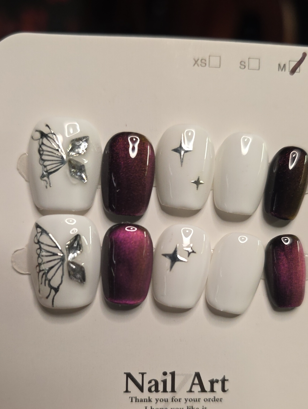 Butterfly Accent White and Purple Fake Nail Set Size Med